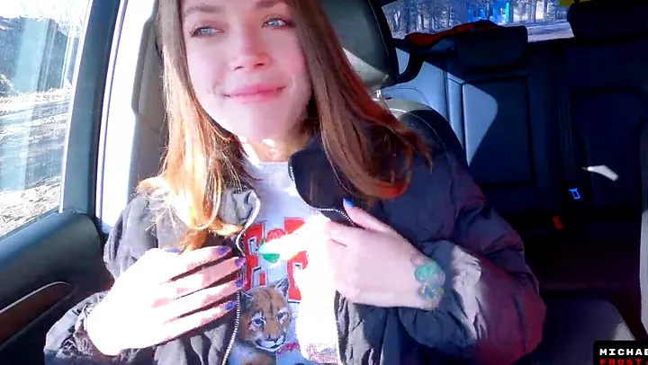 Petite Russian hitchhiker sucks and swallows for cash in public