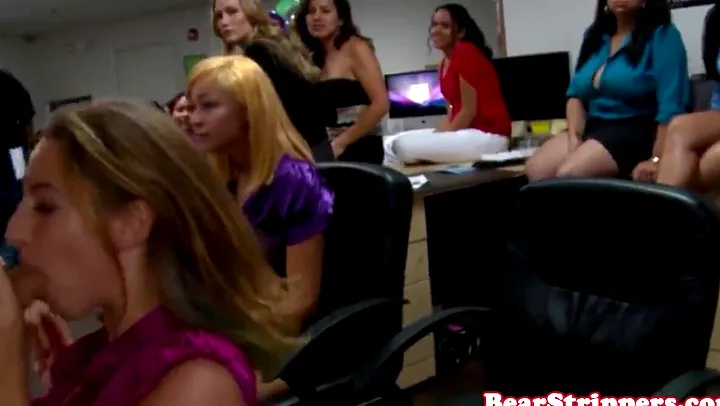 Classy CFNM babes cocksucking at office party